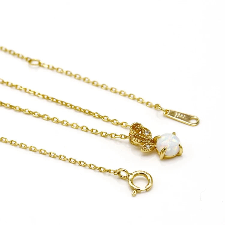 925 Sterling Silver 14K Gold Plated Gemstone Round Gem Stone Leaves Synthetic Opal Necklace