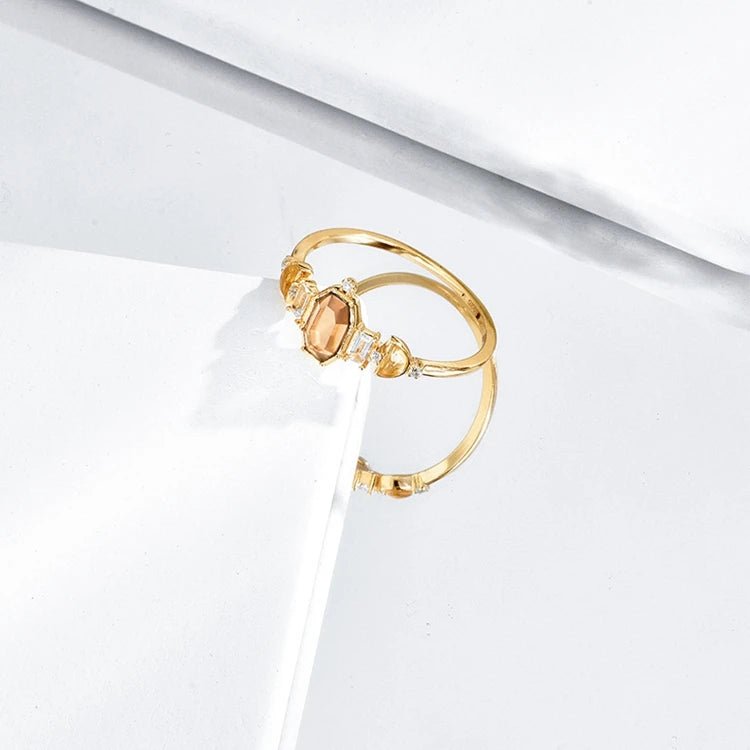 Emotional Bijoux or Factory 925 Sterling Silver 14K Gold Plated Gemstone Citrine White Topaz Hexagon Ring