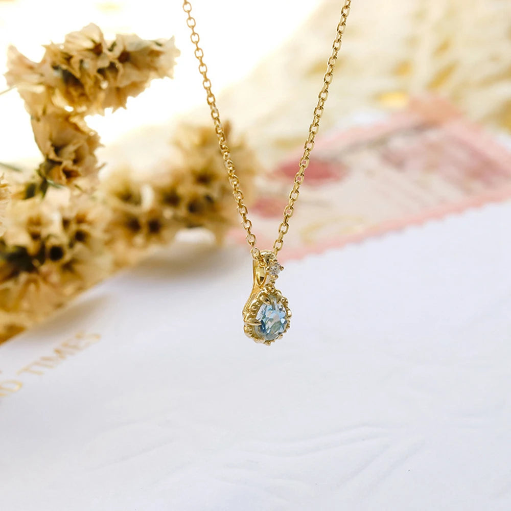 Emotional Factory 925 Sterling Silver 14K Gold Plated Gem Stone Gemstone March Birthstone Drop Natural Aquamarine Necklace