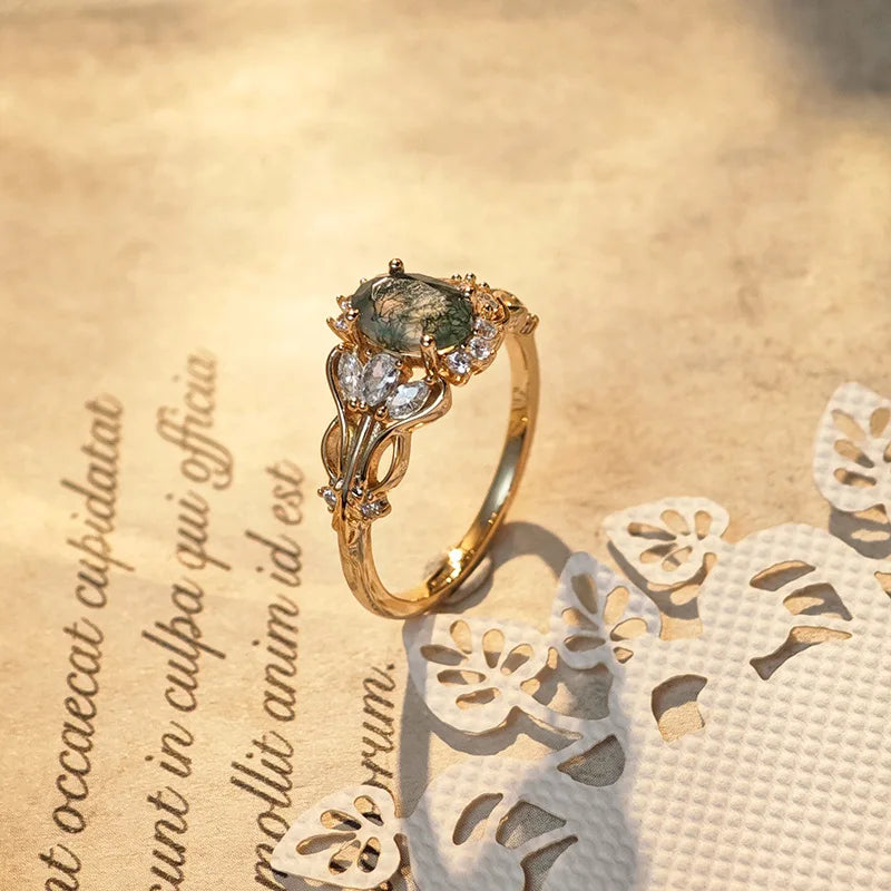 Emotional Factory 925 Sterling Silver 14K Gold Plated Gemstone Cz Zircon Natural Stone Moss Agate Ring