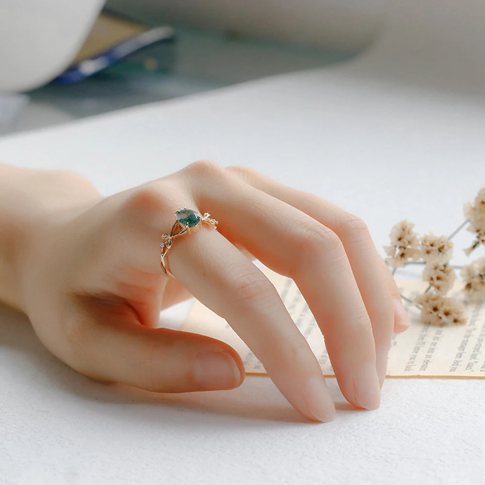 Emotional Factory 925 Sterling Silver 14K Gold Plated Gem Stone Gemstone Cz Zircon Vine Drops Moss Agate Ring