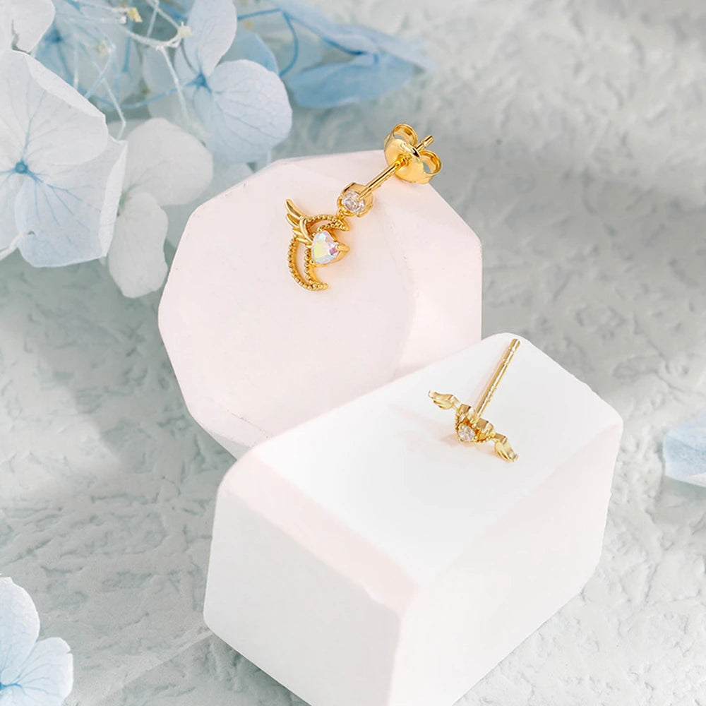Emotional 925 Sterling Silver 14K Gold Plated Gem Stone Gemstone Flying Design Ring Moon Heart  Wings Quartz Stud Earrings
