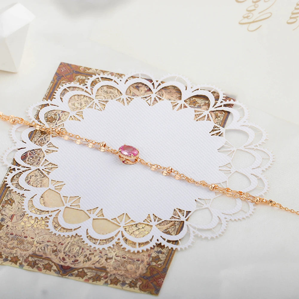 Bijoux Pour Femme 925 Sterling Silver 14K Gold Plated Gemstone Double-Layer Chain Pink Red Corundum Bracelet