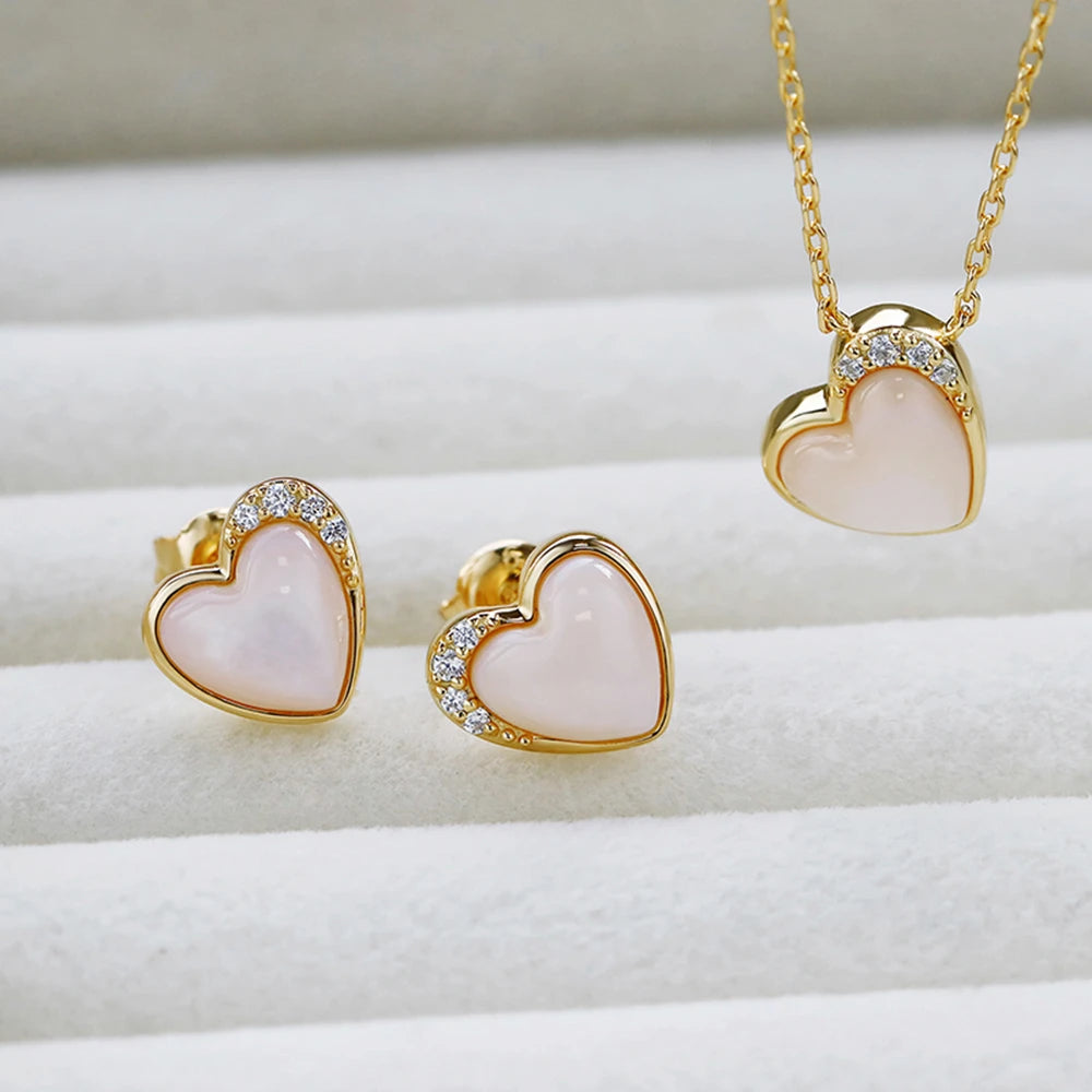 Three-Dimensional Love Pink Shellfish White Zircon Stud Earrings