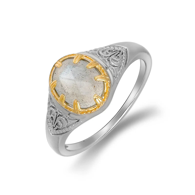 2023 New Fashion Light Luxury Niche Design S925 Silver Plated 14K Gold Electrically Separated Blue Light Labradorite Ring