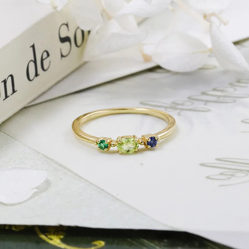 Emotional Factory 925 Sterling Silver 14K Gold Plated Gemstone Blue Green Nano-Stone Geometric Peridot 3 Stone Ring