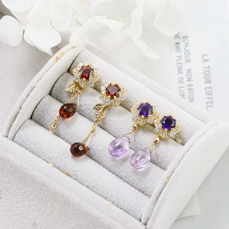 Emotional Factory 925 Sterling Silver 14K Gold Plated Gemstone Cz Zircon Flower Amethyst Garnet Earrings