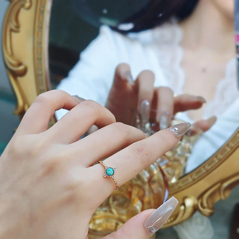 Emotional Factory 925 Sterling Silver 14K Gold Plated Gemstone Sun Sample Round Stone Vintage Fantasy Opal Ring