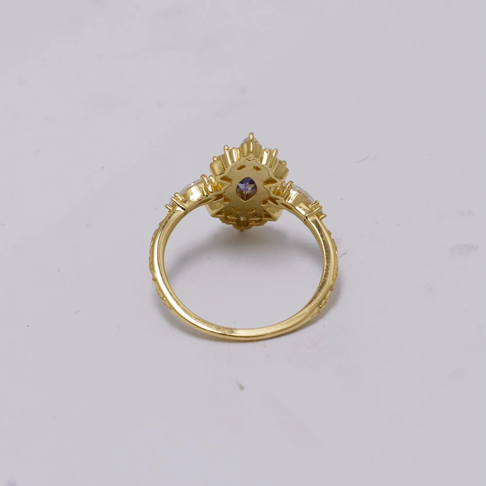 Emotional Factory 925 Sterling Silver 14K Gold Plated Gemstone Retro  Cz Flower Blue Tanzanite Zircon Ring