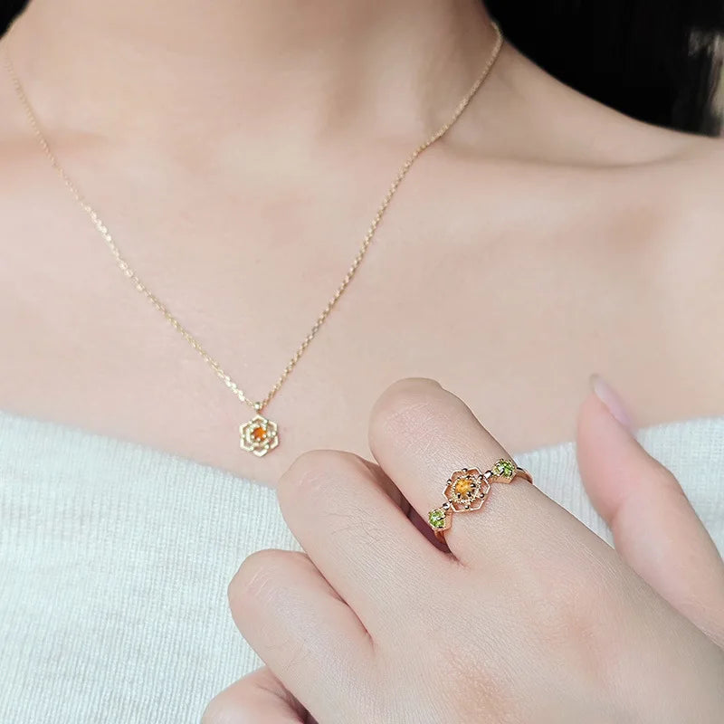 Emotional Factory 925 Sterling Silver 14K Gold Plated Gemstone Lace Hollow Geometric Citrine Peridot Necklace