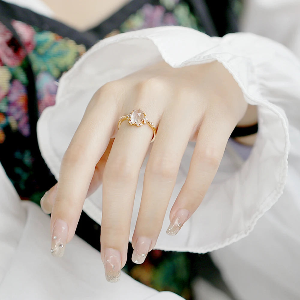 Emotional Factory 925 Sterling Silver 14K Gold Plated Gemstone Series Sugar Rock Crystal White Crystal Zircon Egg Shape Ring