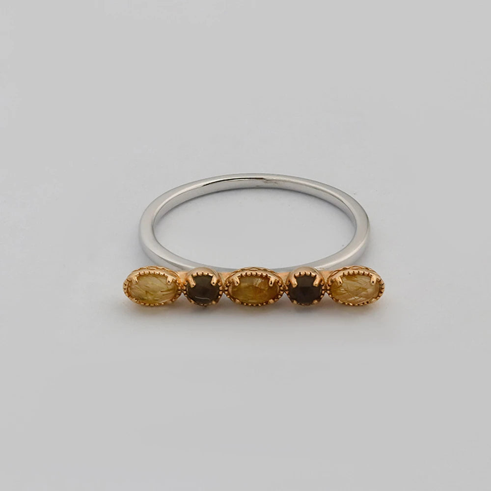 925 Sterling Silver 14K Gold Plated Gem Stone Taurus Pisces Bar Guardian Stone Tea-Coloured Citrine Rutilated Quartz Ring