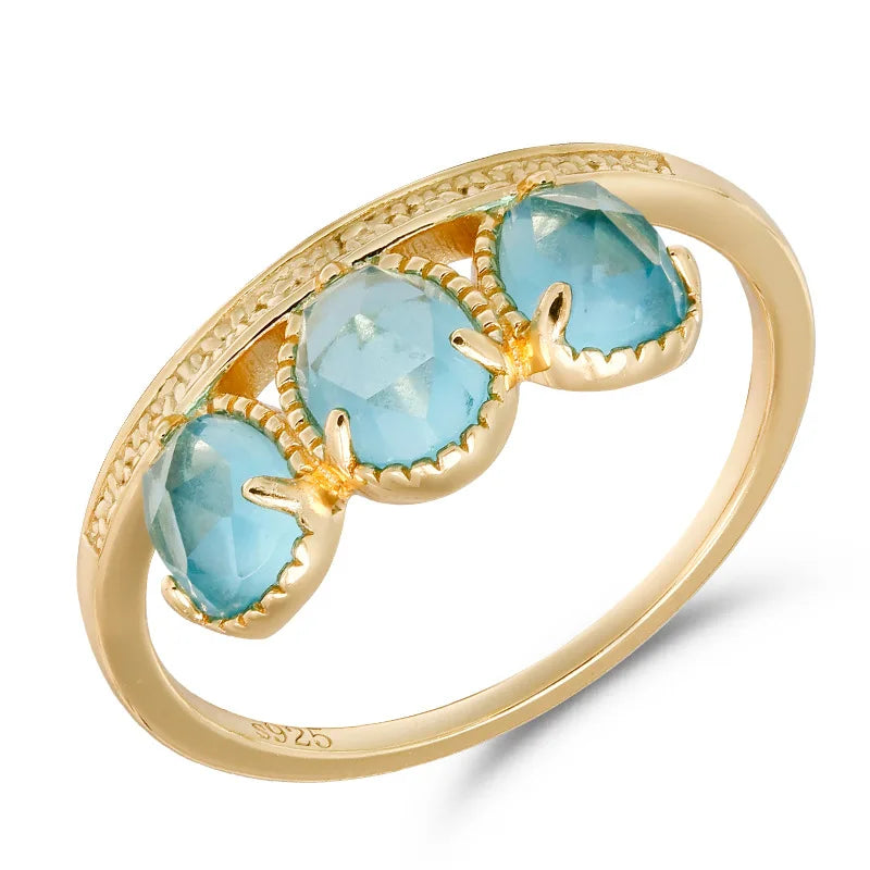 Emotional Factory 925 Sterling Silver 14K Gold Plated Gemstone Vintage Blue Rose Cut Grass 3 Stone Ring