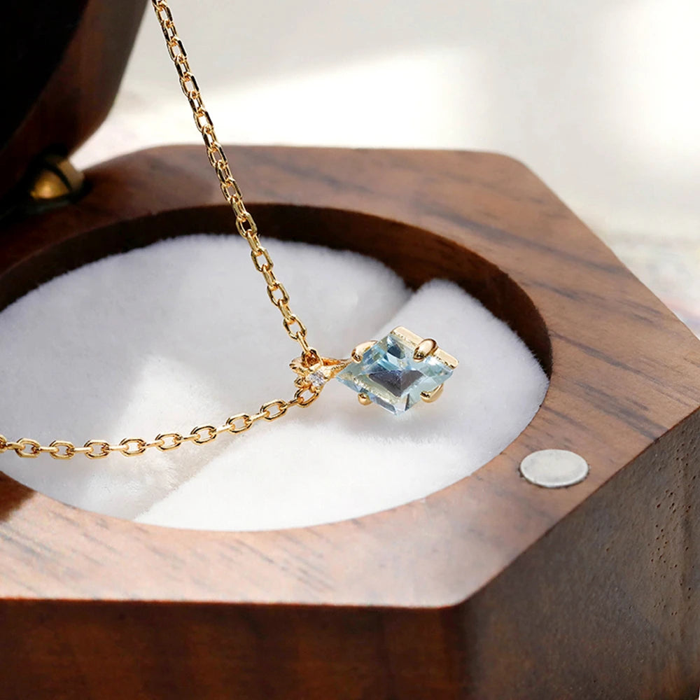 925 Sterling Silver 14K Gold Plated Gemstone Geometrical Bead Simple Diamond Topaz Necklace