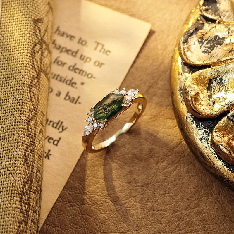 Emotional Anel De Casal Factory 925 Sterling Silver 14K Gold Plated Gemstone Cz Zircon Geometric Hexagon Moss Agate Ring