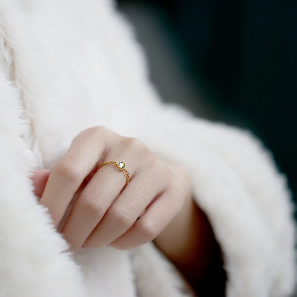 Emotional Factory 925 Sterling Silver 14K Gold Plated Gem Stone Gemstone Geometrical Zircon Round Stone Peridot Ring