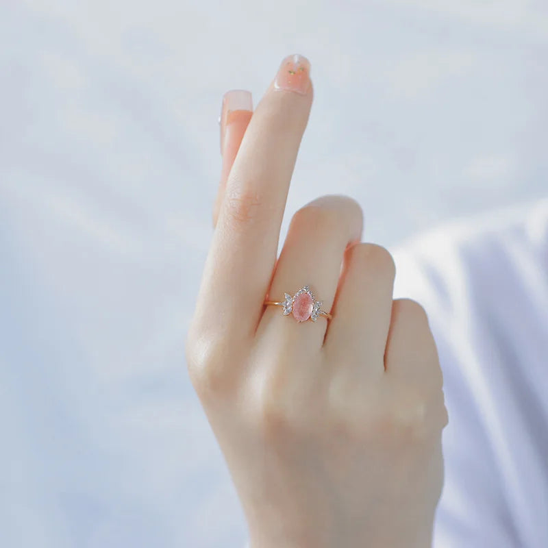 Thin Circle Butterfly Shape Pink Strawberry Crystal Ring