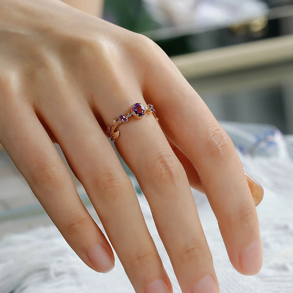 Emotional Factory 925 Sterling Silver 14K Gold Plated Gem Stone Gemstone Geometric Oval Cz Zircon Corundum Amethyst Ring