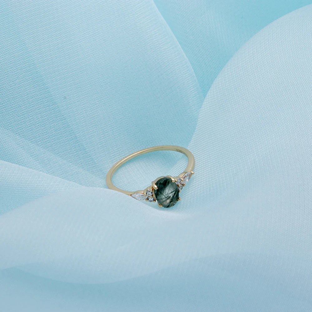 925 Sterling Silver 14K Gold Plated Gemstone Green Crystal Hair Shaped Personality Ring