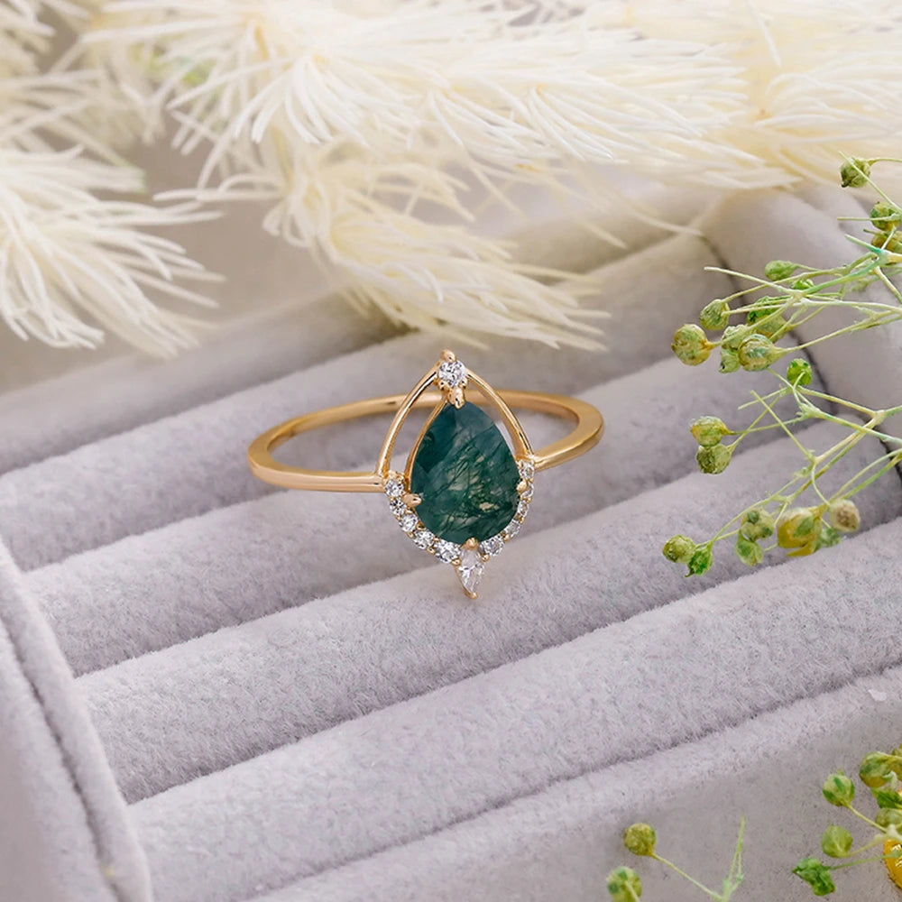 925 Sterling Silver 14K Gold Plated Gemstone Cz Zircon Hollow Moss Agate Ring With Natural Stone