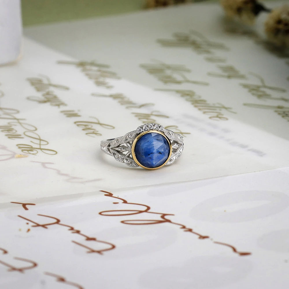 Emotional Factory 925 Sterling Silver 14K Gold Plated Gem Stone Gemstone Cz Zircon Literary Retro Kyanite Ring