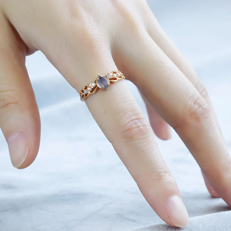 925 Sterling Silver 14K Gold Plated Gemstone Strawberry Quartz Stone Amethyst Labradorite Cordierite Stacked Zircon Ring