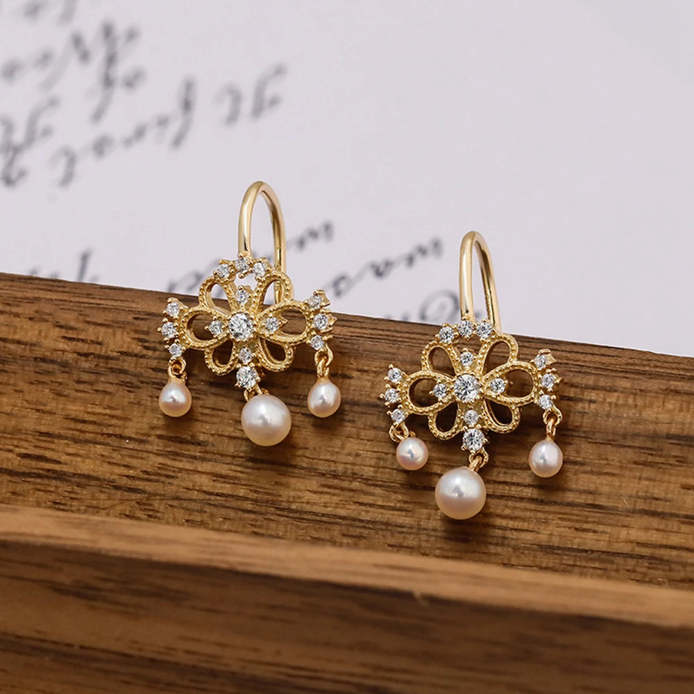 Emotional Factory 925 Sterling Silver 14K Gold Plated Gem Stone Gemstone Retro  Cz Zircon Ring Lucky Flower Pearl Earrings