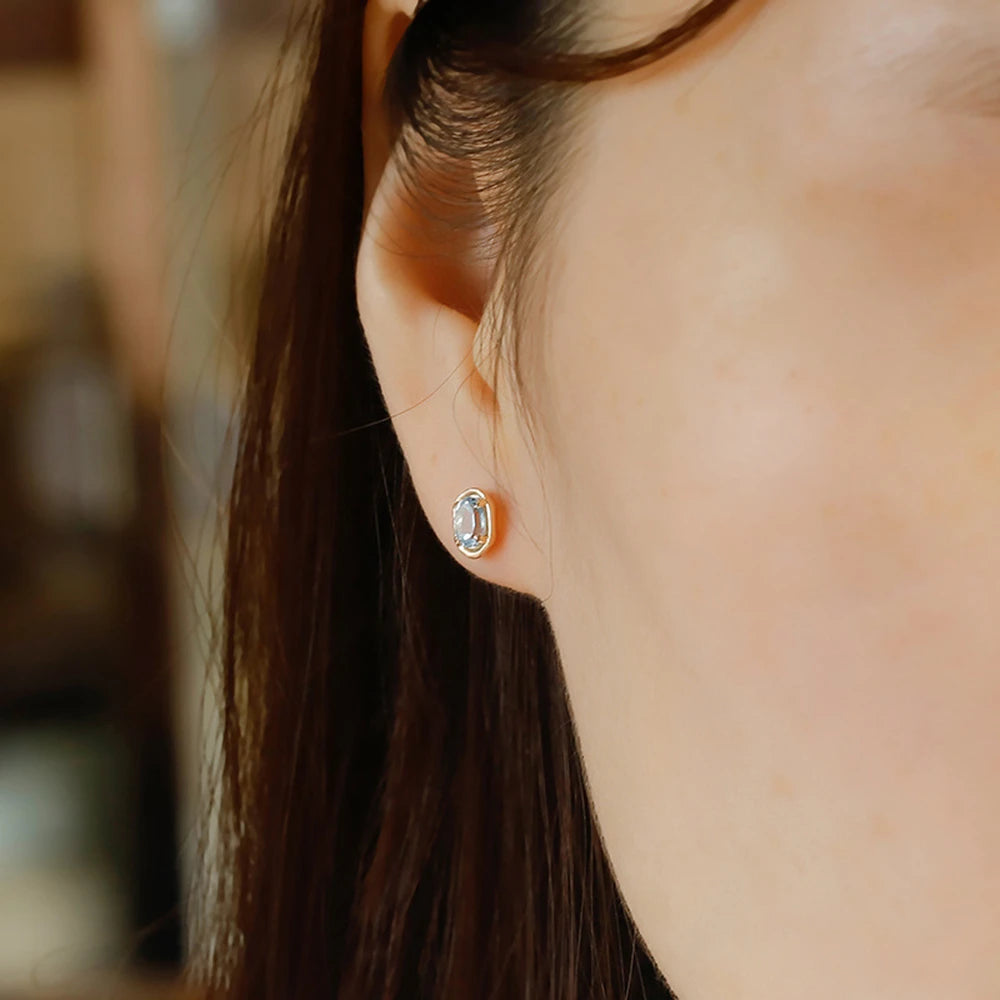 Emotional Factory 925 Sterling Silver 14K Gold Plated Gem Stone Gemstone Simpler Prong Setting Sky Blue Topaz Stud Earrings