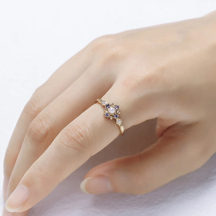 Emotional Factory 925 Sterling Silver 14K Gold Plated Gemstones Flower Rainbow Pearl Tanzanite Stone Ring