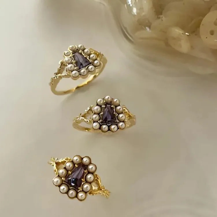 925 Sterling Silver 14K Gold Plated Gemstone Geometric Trapezoid Tanzanite Zirconia Cz Zircon Shell Bead Pearl Ring