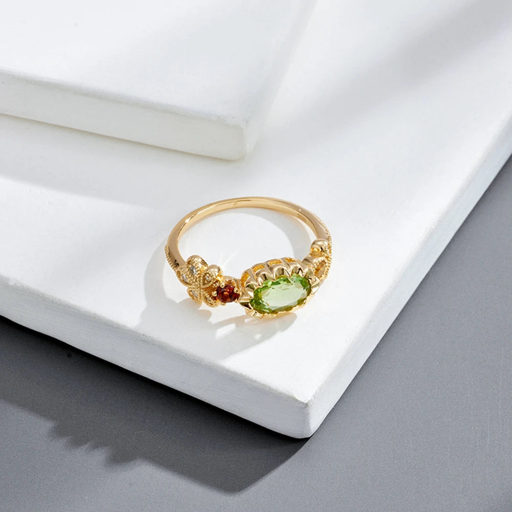925 Sterling Silver 14K Gold Plated Palace Wind Flowers Green Peridot Red Garnet Citrine Ring