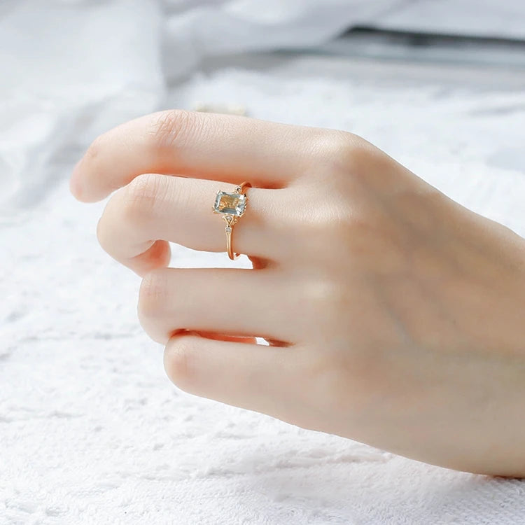 Emotional Factory 925 Sterling Silver 14K Gold Plated Gemstone Geometric Square 7*7 Stone Green Amethyst Ring