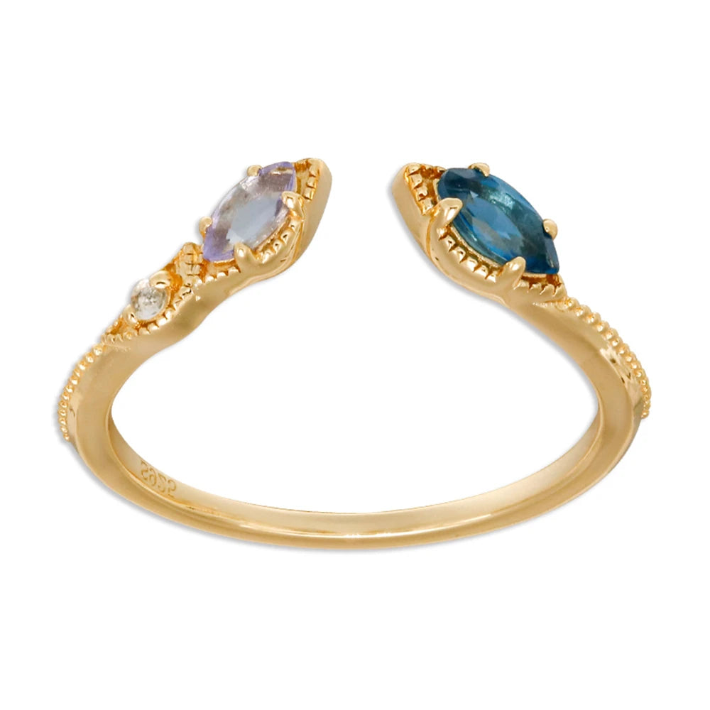 Emotional Factory 925 Sterling Silver 14K Gold Plated Gemstone Adjustable Snake Tanzanite Zircon London Blue White Topaz Ring