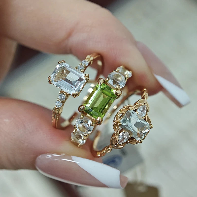 925 Sterling Silver 14K Gold Plated Gemstone Geometric Peridot Rectangular Sky Blue Topaz Quartz Natural Green Crystal Ring