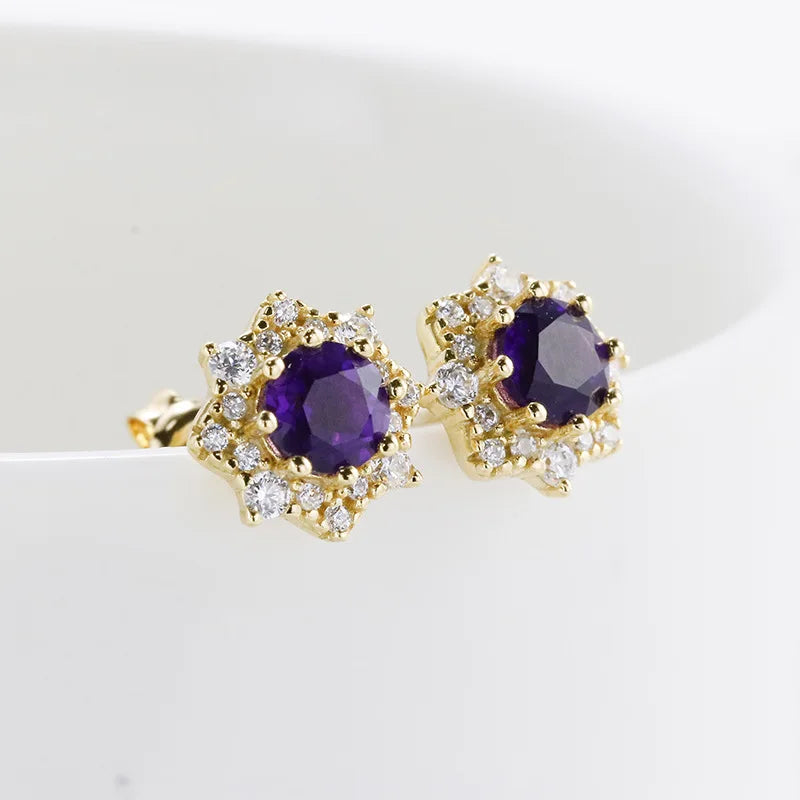 Emotional Factory 925 Sterling Silver 14K Gold Plated Gemstone Cz Zircon Flower Amethyst Garnet Earrings