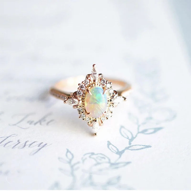 Fashionable and Simple Design Snowflake S925 Silver Plated 14K Gold Australian Opal Ring Stackable Thin Ring