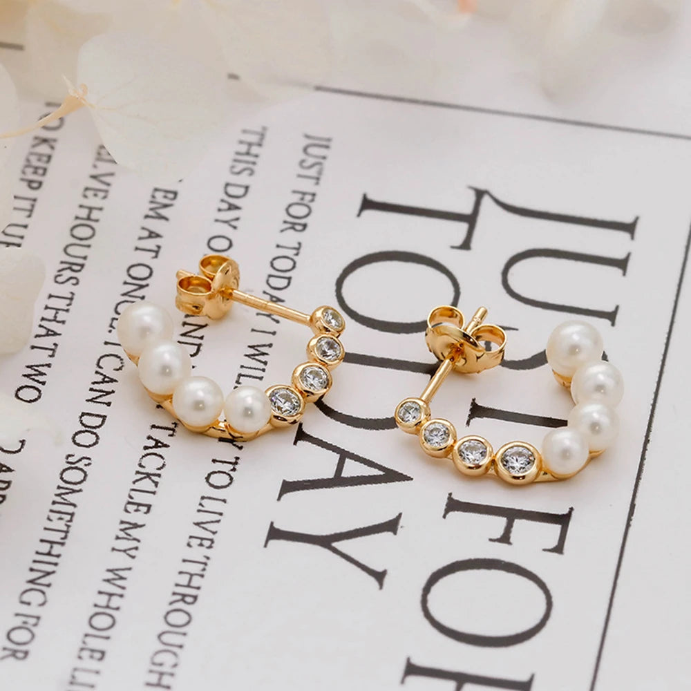 Emotional Factory 925 Sterling Silver 14K Gold Plated Gem Stone Gemstone Retro Cz Zircon C Shaped Pearl Earrings