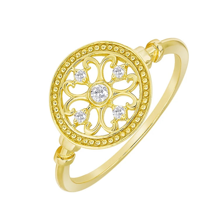 Emotional Factory 925 Sterling Silver 14K Gold Plated Retro Hollow Pattern Geometry Zircon Round Ring