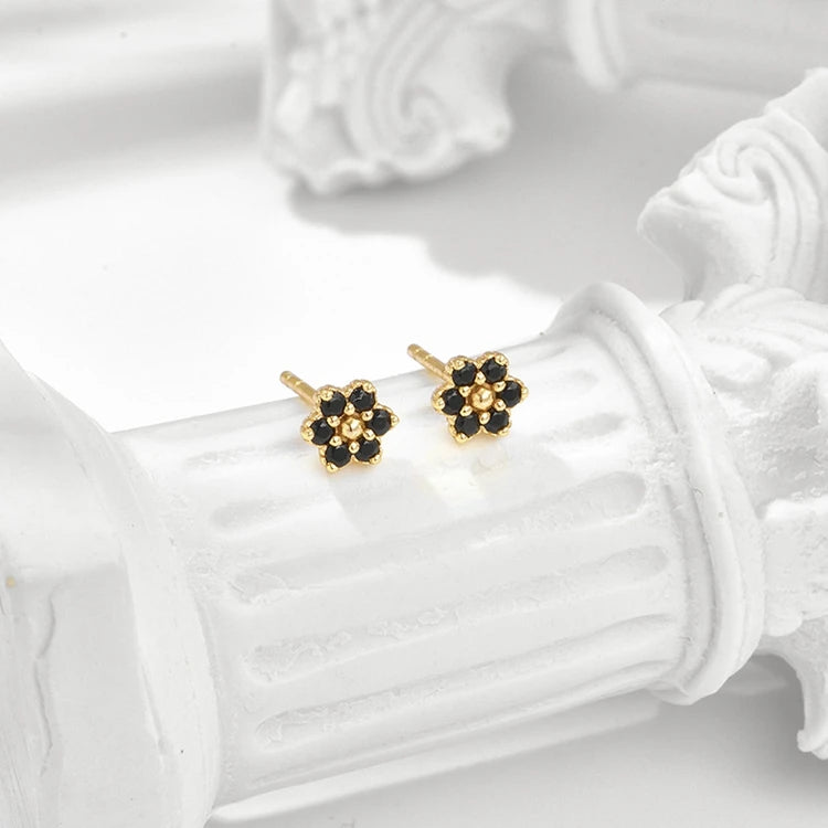 Emotional Factory 925 Sterling Silver 14K Gold Plated Gemstones Small Flower Twist Natural Black Onyx Earrings