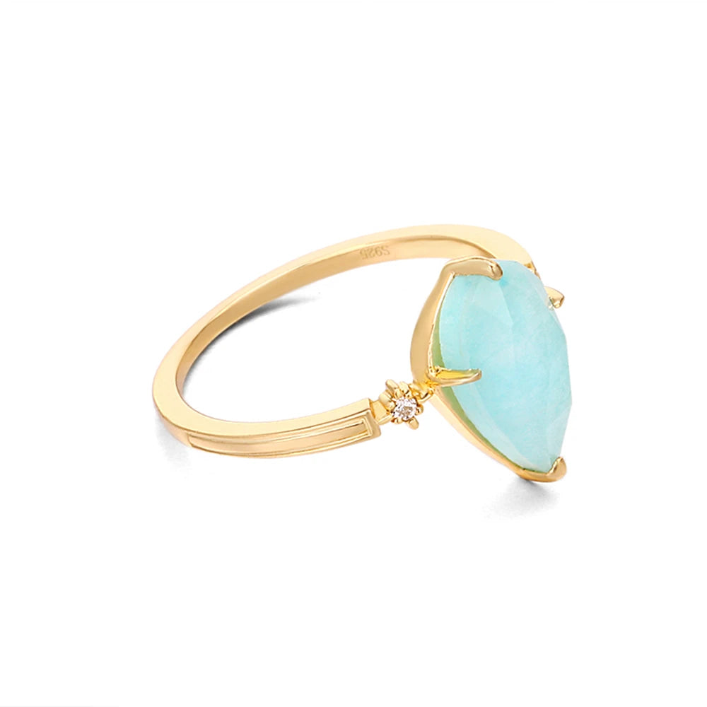925 Sterling Silver Gold Plated Drop Shaped Double Layers Gemstone Rock Crystal Amazonite Clear Quartz Ring