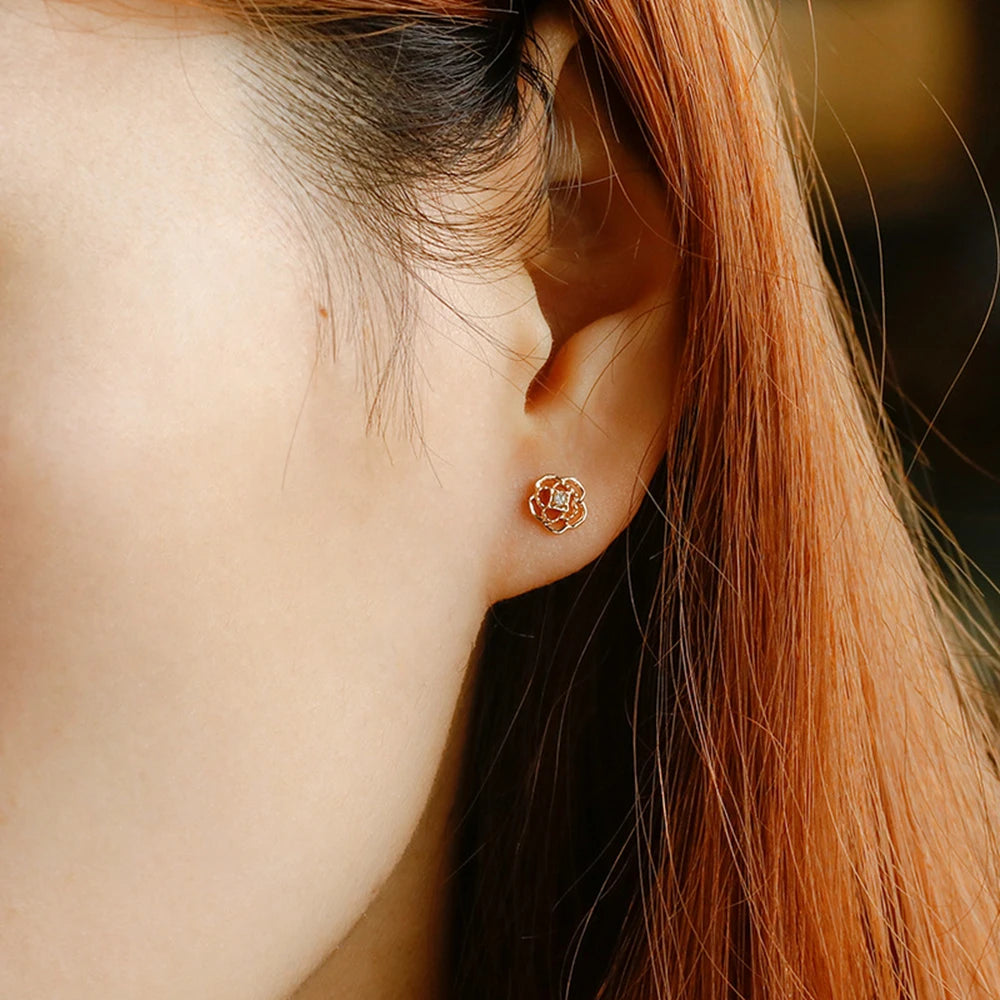 Emotional Factory 925 Sterling Silver 14K Gold Plated Gem Stone Gemstone Retro Hollow Camellia Flower Moissanite Earrings