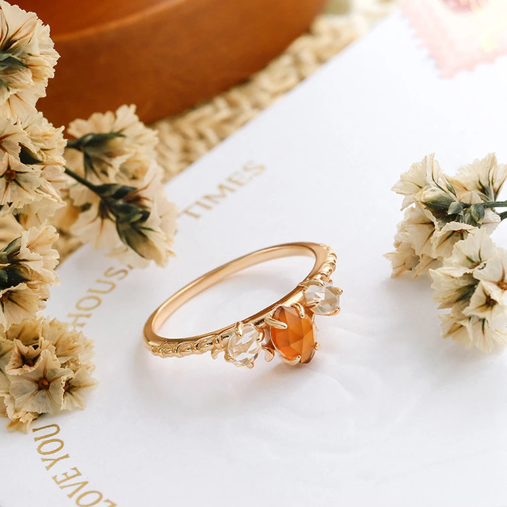 Emotional Factory 925 Sterling Silver 14K Gold Plated Gem Stone Gemstone Cz Zircon Natural Orange Garnet White Rock Crystal Ring