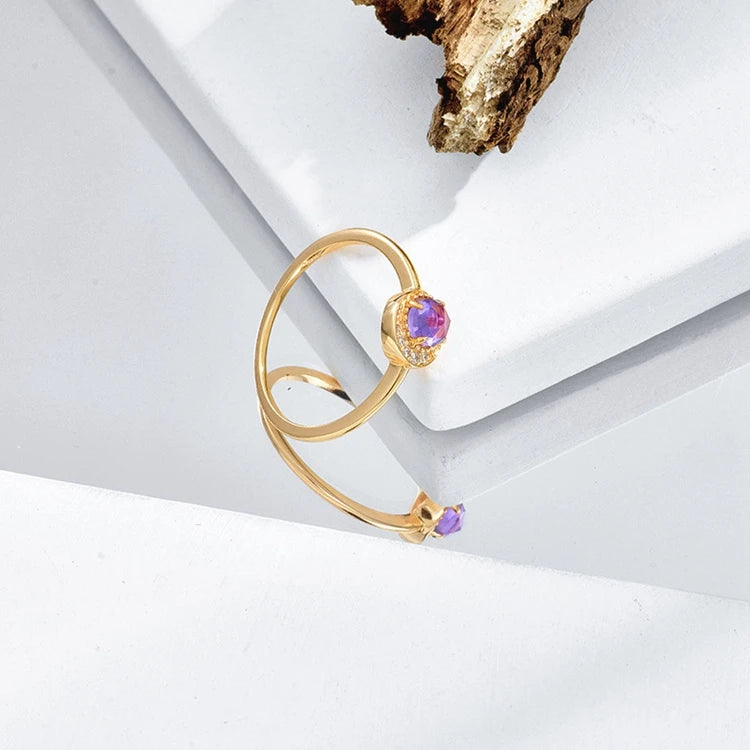 Emotional Factory 925 Sterling Silver 14K Gold Plated Gemstone Cz Zircon Moon Round Amethyst Ring