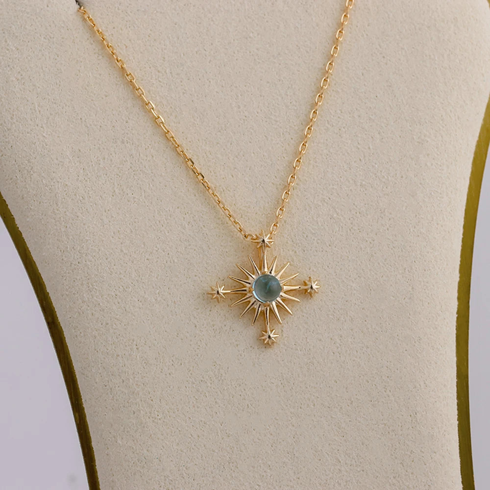 925 Sterling Silver 14K Gold Plated Gemstone Retro Hollow Sun Star Sunny Apatite Necklace