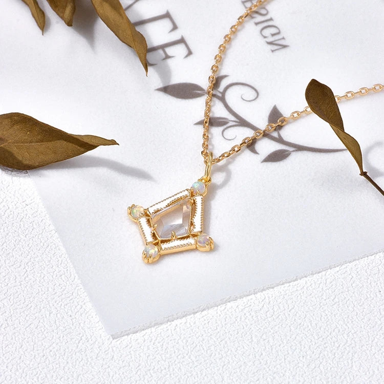 Emotional Factory 925 Sterling Silver 14K Gold Plated Gemstone Rock Crystal Opal Diamond Shaped Pendant