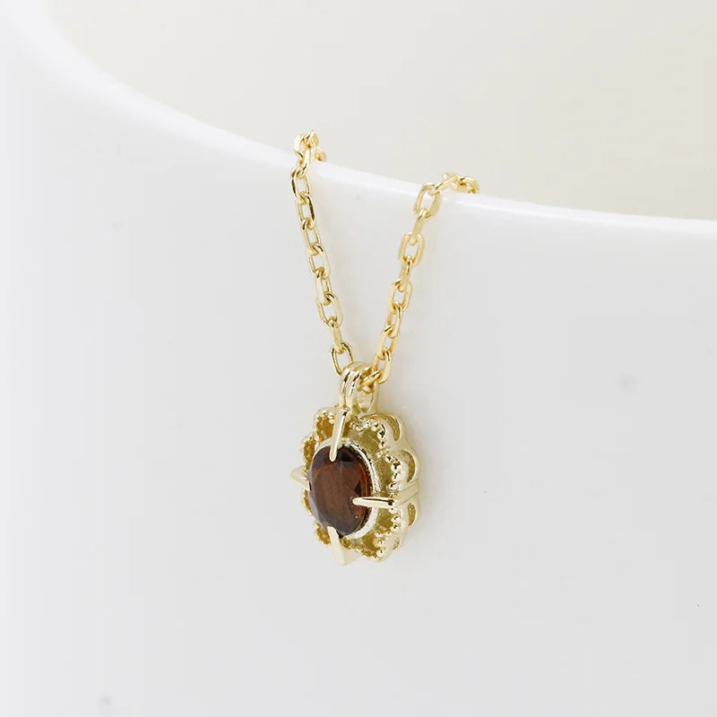 Emotional Factory 925 Sterling Silver 14K Gold Plated Gemstone Vintage Picture Frame Hollow Lace Natural Garnet Necklace