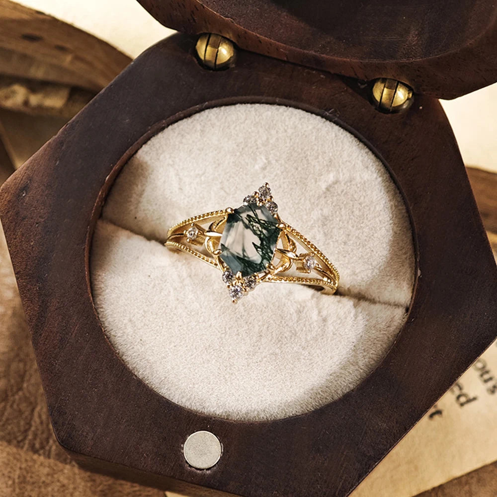 Emotional Factory 925 Sterling Silver 14K Gold Plated Gemstone Cz Zircon Hollow Geometric Rhombus Moss Agate Ring