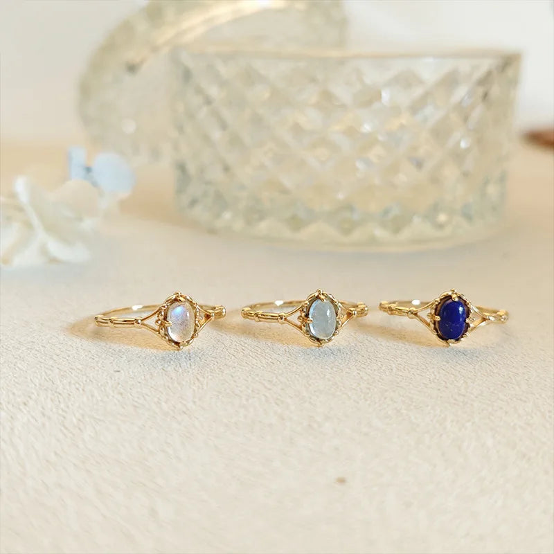 Emotional Factory 925 Sterling Silver 14K Gold Plated Gemstone Retro Literary Vintage Aquamarine Ring