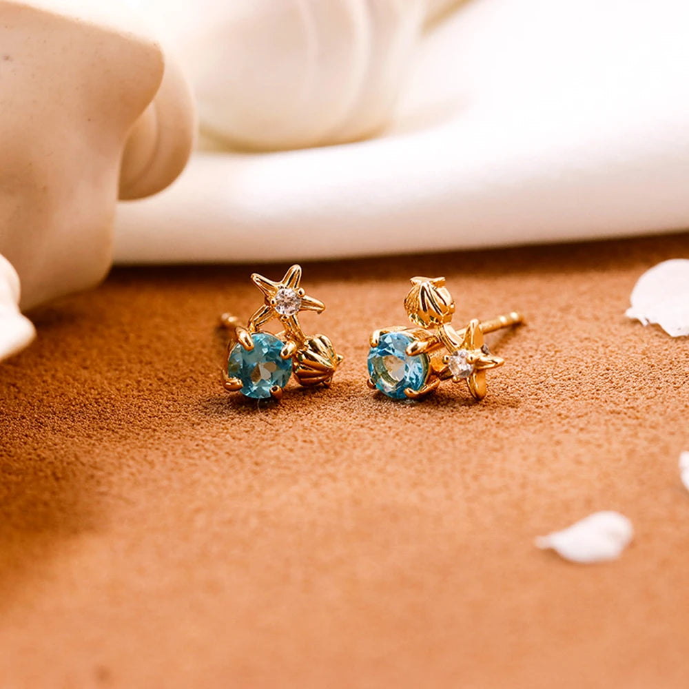 Emotional Factory 925 Sterling Silver 14K Gold Plated Gemstone Summer Star Shell Apatite Stud Earrings