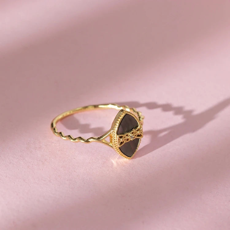 Emotional Factory 925 Sterling Silver 14K Gold Plated Gemstones Zircon Black Phantom Abalone Shell Ring